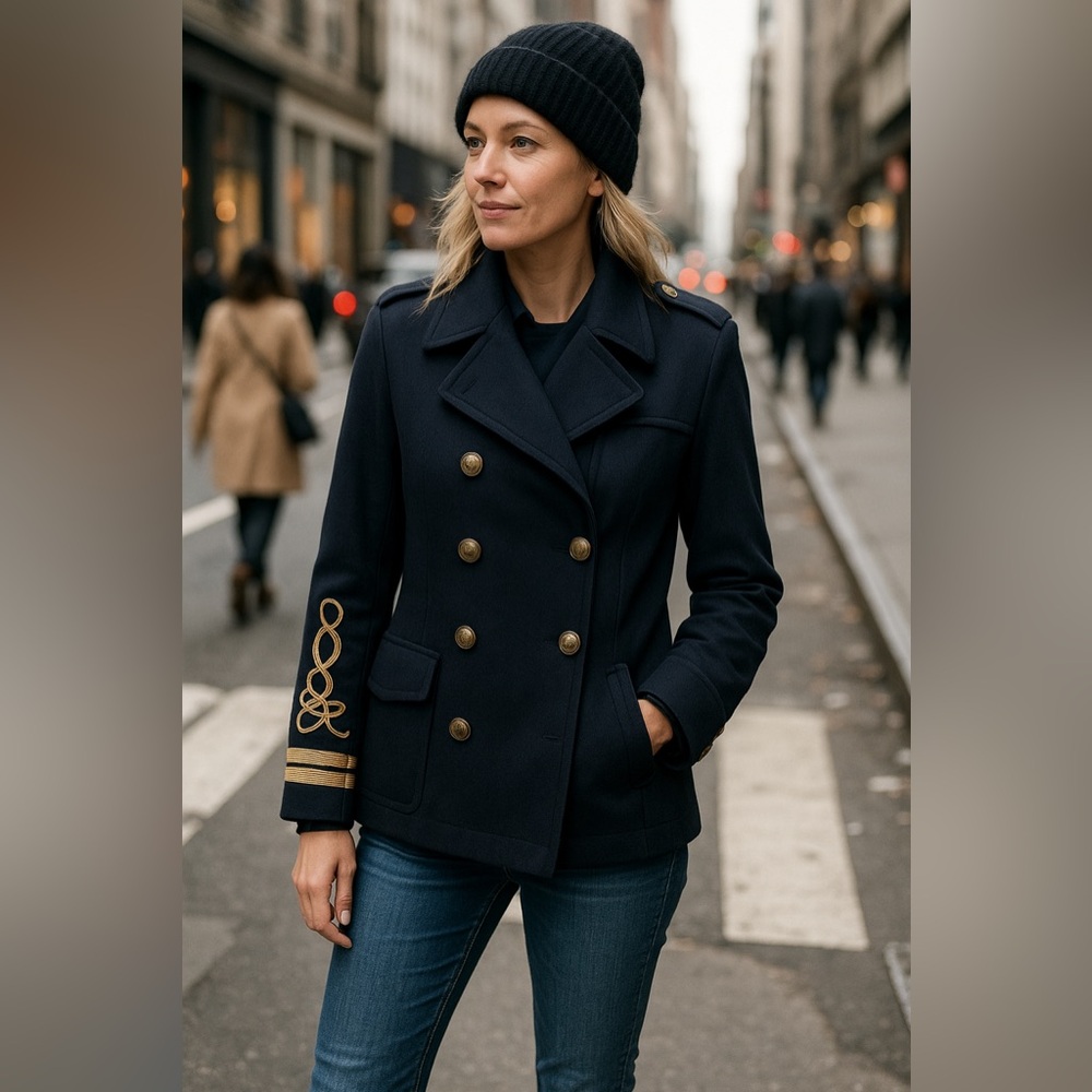 Nygård Navy Military Coat Gold Embroider Cuffs Brass Buttons Double Breasted XL